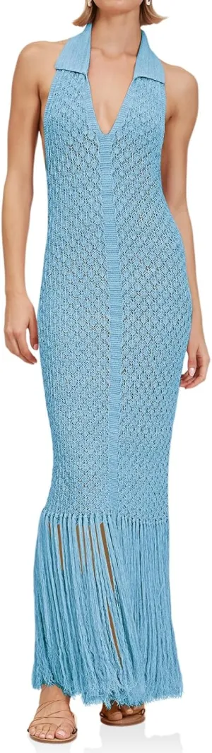Saodimallsu Womens Halter Crochet Cover Up Fringe Sexy Backless Sleeveless V Neck Collared Vacation Beach Maxi Dress