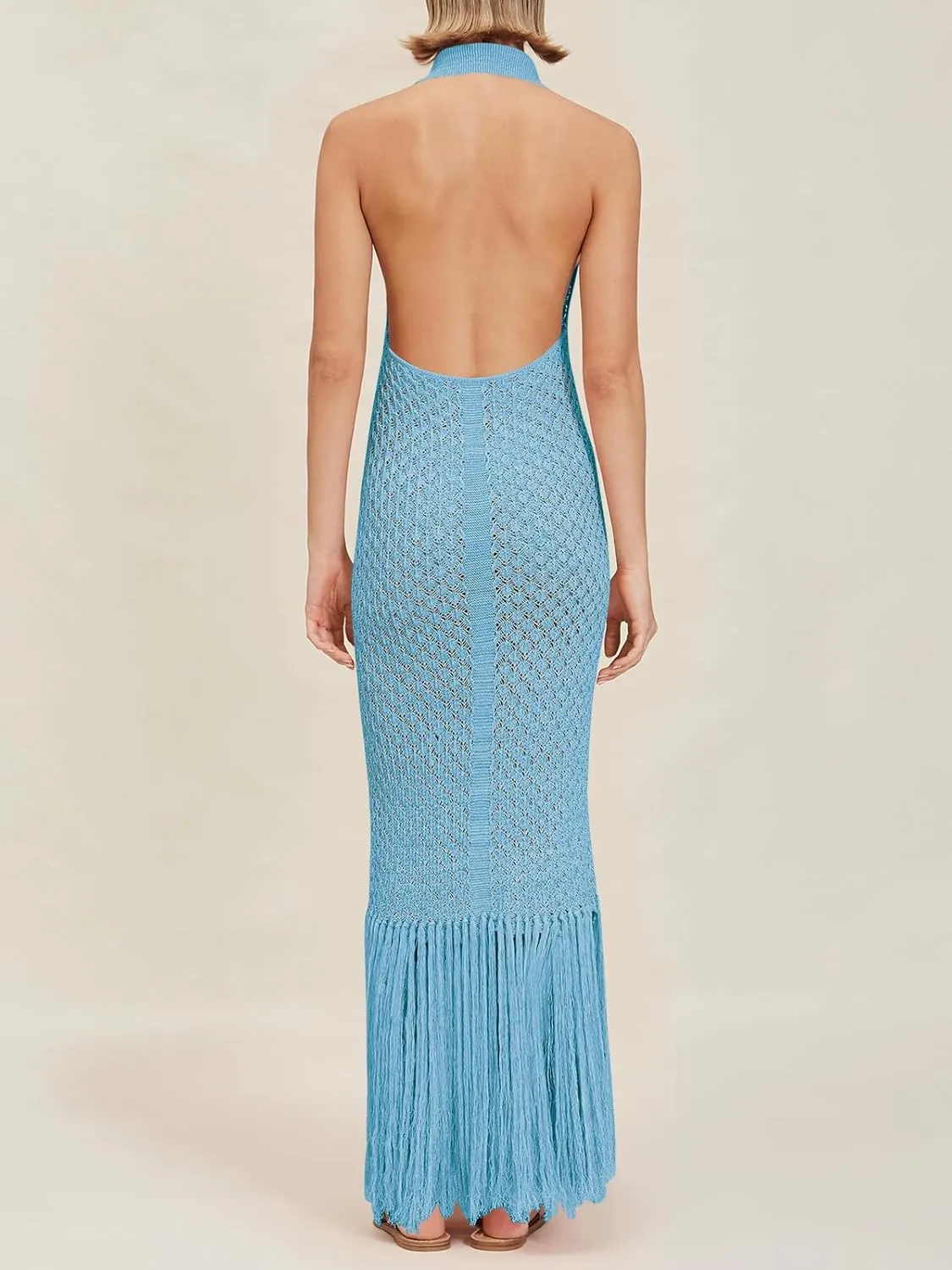 Saodimallsu Womens Halter Crochet Cover Up Fringe Sexy Backless Sleeveless V Neck Collared Vacation Beach Maxi Dress