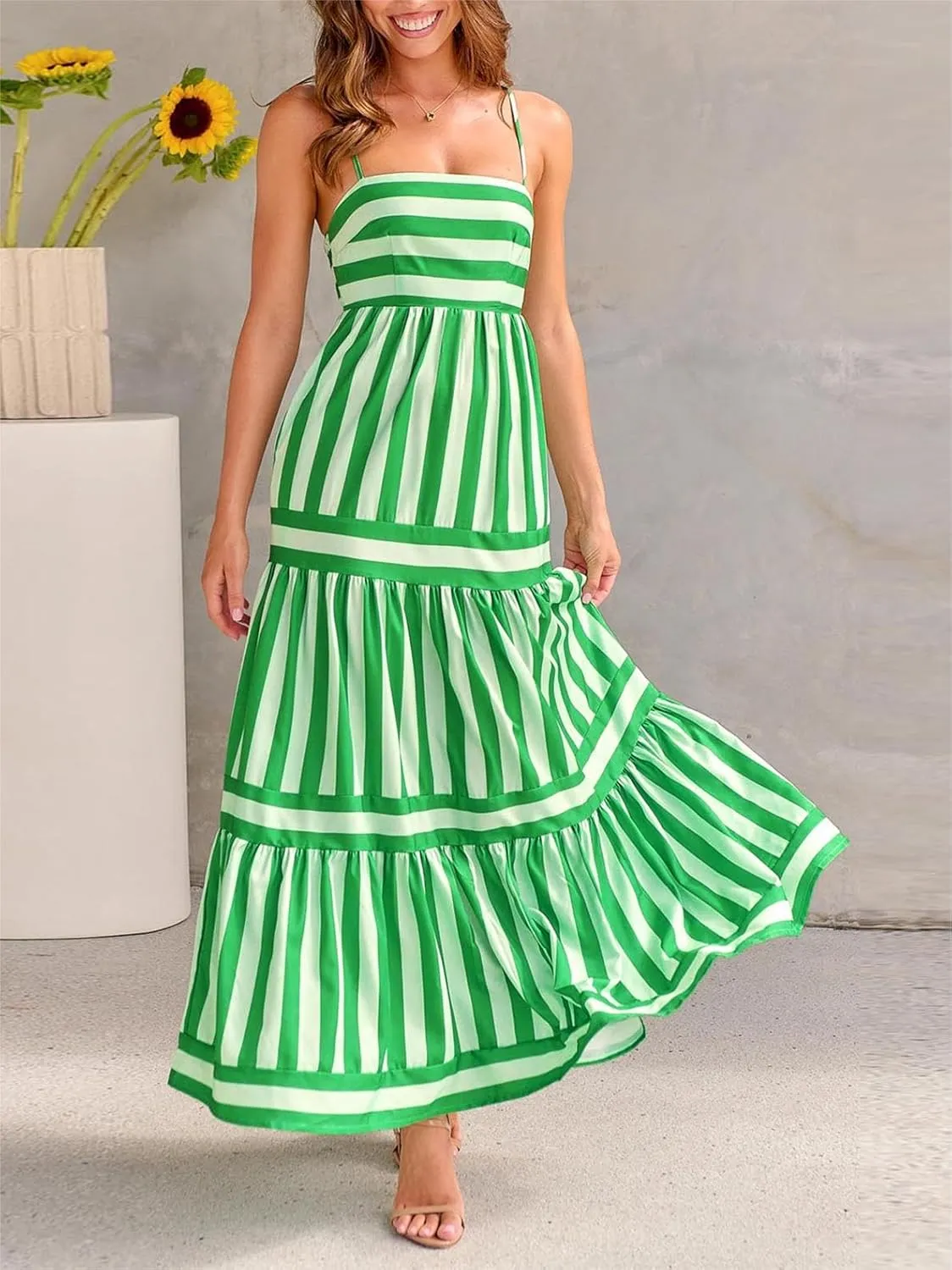 Sastianaen Women Y2k Boho Maxi Dress Striped Print Cami Long Dress Summer Holiday Beach Smocked Sundress