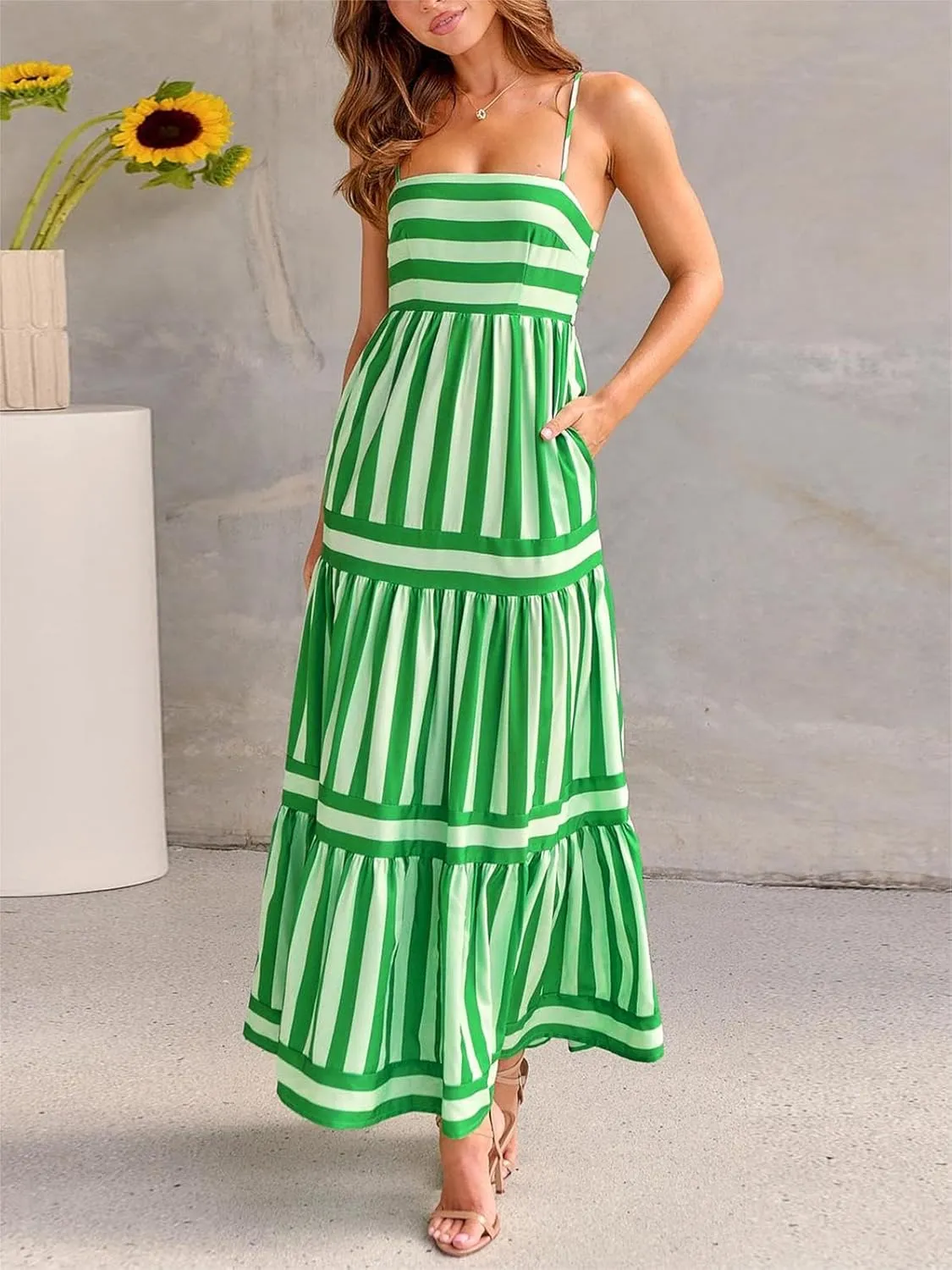 Sastianaen Women Y2k Boho Maxi Dress Striped Print Cami Long Dress Summer Holiday Beach Smocked Sundress