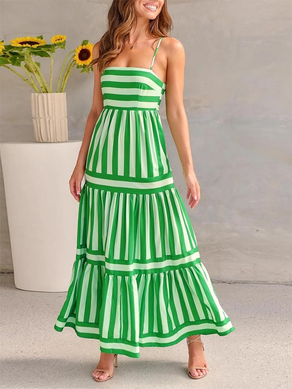 Sastianaen Women Y2k Boho Maxi Dress Striped Print Cami Long Dress Summer Holiday Beach Smocked Sundress