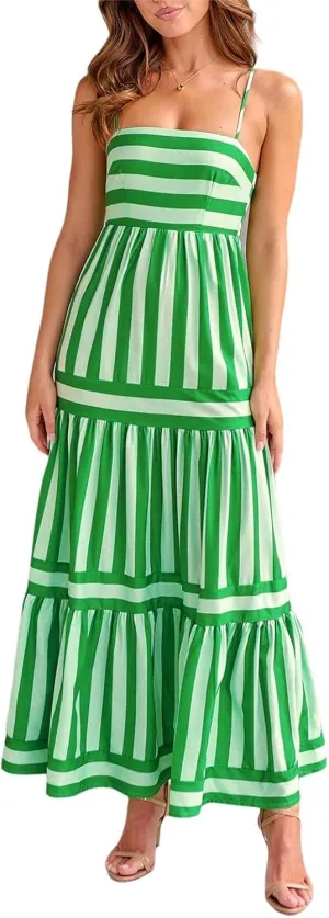 Sastianaen Women Y2k Boho Maxi Dress Striped Print Cami Long Dress Summer Holiday Beach Smocked Sundress