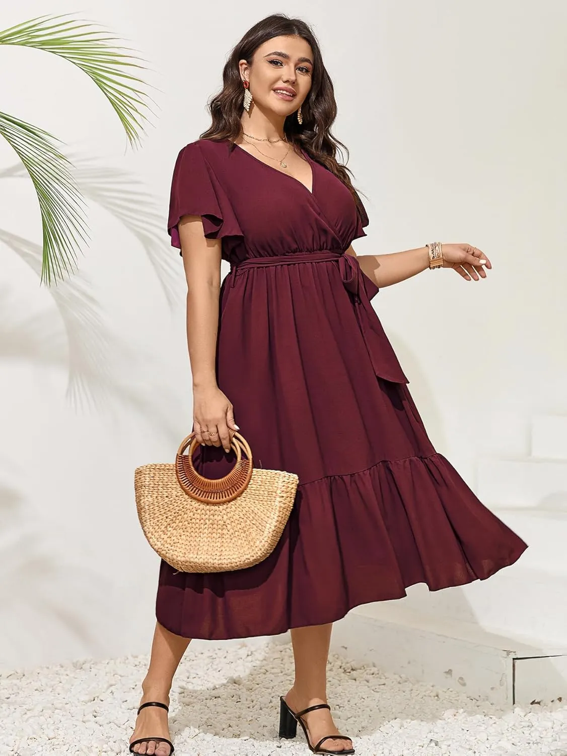 SCOMCHIC Womens Plus Size Wedding Guest Dresses Summer Wrap V Neck Short Sleeve Belted Ruffle Hem A-Line Flowy Maxi Dress