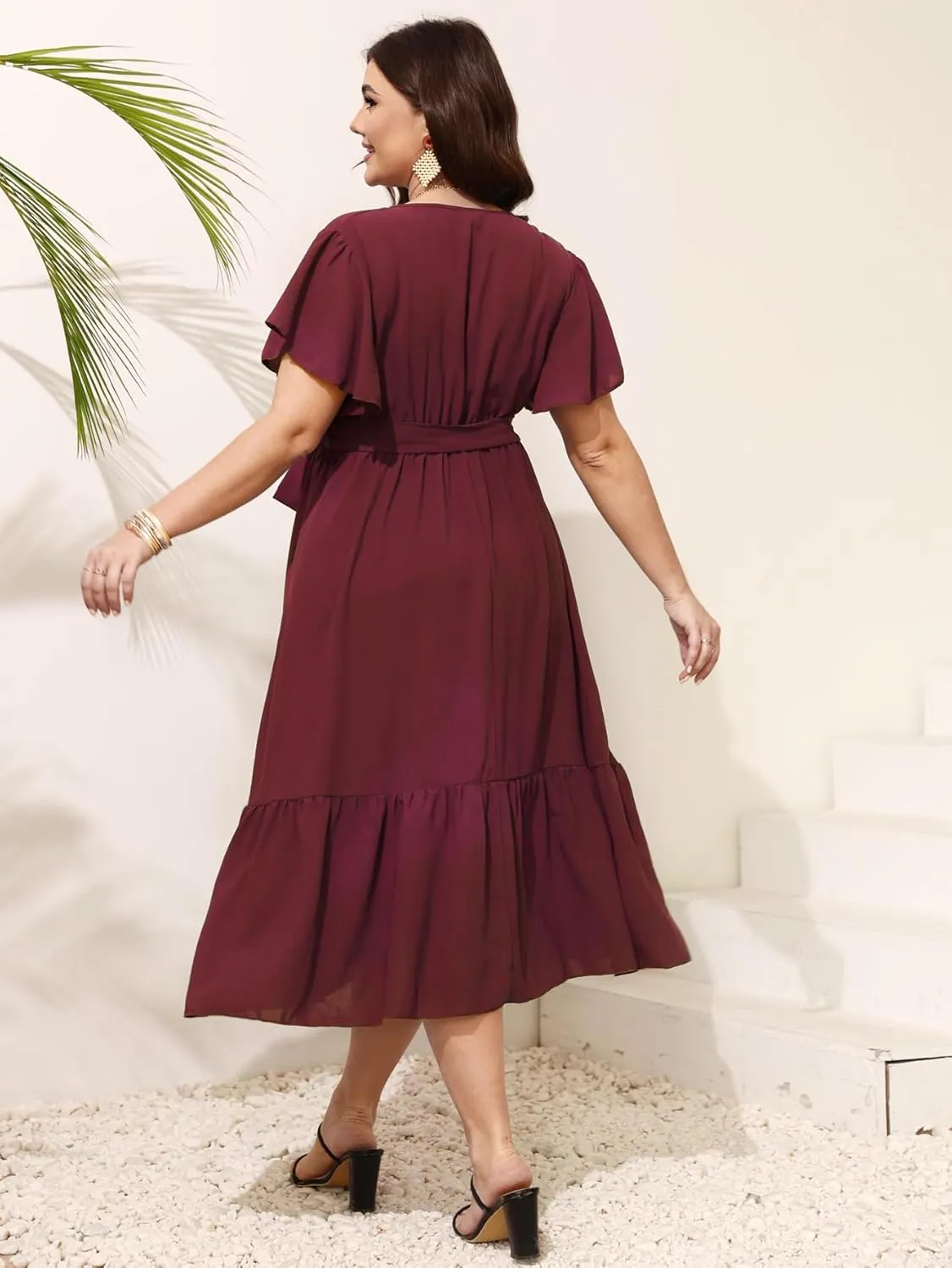 SCOMCHIC Womens Plus Size Wedding Guest Dresses Summer Wrap V Neck Short Sleeve Belted Ruffle Hem A-Line Flowy Maxi Dress