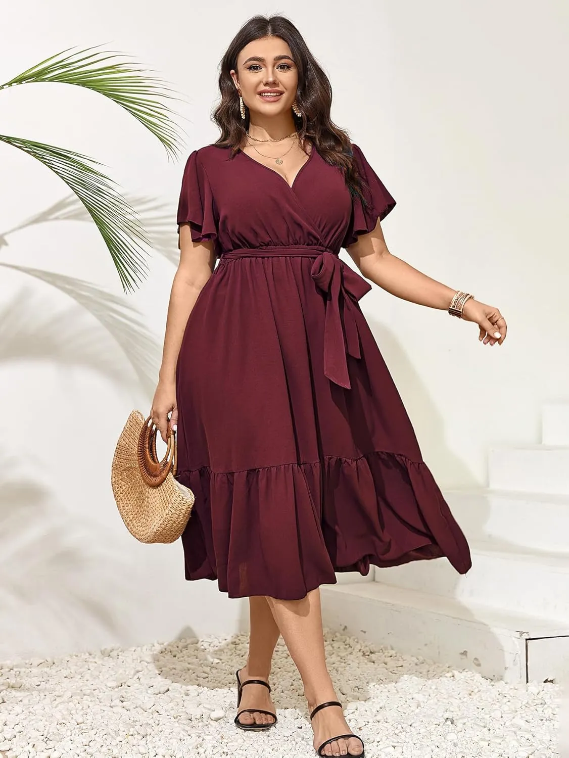 SCOMCHIC Womens Plus Size Wedding Guest Dresses Summer Wrap V Neck Short Sleeve Belted Ruffle Hem A-Line Flowy Maxi Dress