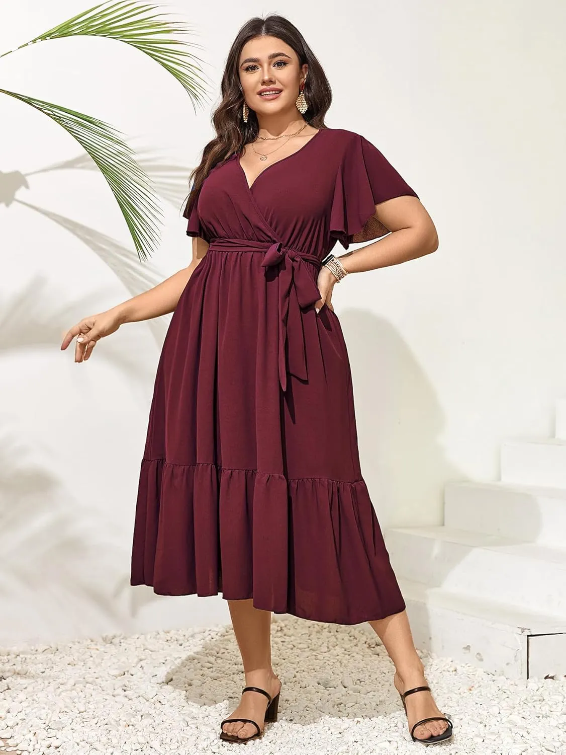 SCOMCHIC Womens Plus Size Wedding Guest Dresses Summer Wrap V Neck Short Sleeve Belted Ruffle Hem A-Line Flowy Maxi Dress