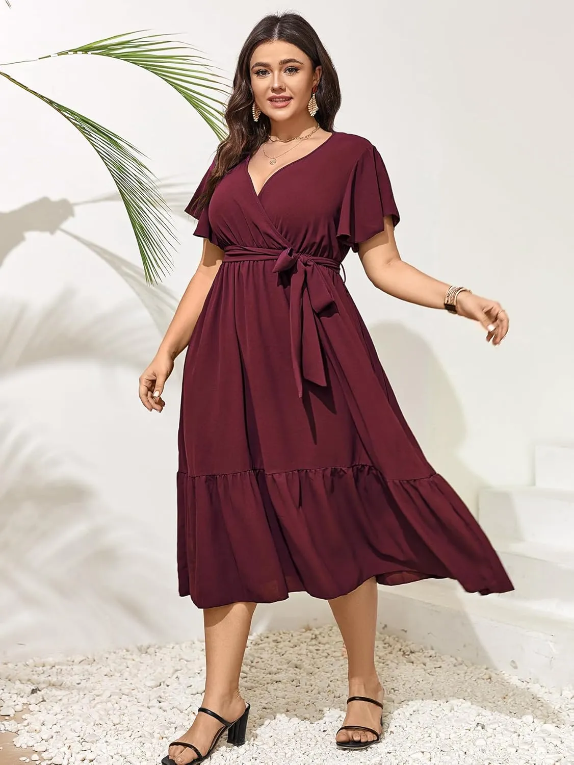 SCOMCHIC Womens Plus Size Wedding Guest Dresses Summer Wrap V Neck Short Sleeve Belted Ruffle Hem A-Line Flowy Maxi Dress