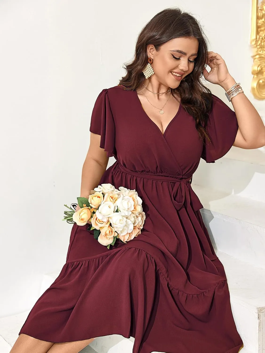 SCOMCHIC Womens Plus Size Wedding Guest Dresses Summer Wrap V Neck Short Sleeve Belted Ruffle Hem A-Line Flowy Maxi Dress