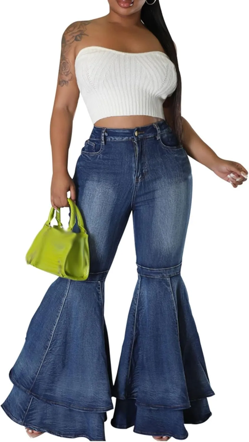 SEMATOMALA Women's Ruffle Bell Bottom Jeans Flared Leg Denim Pants High Waisted 70s Classic Retro Outfits