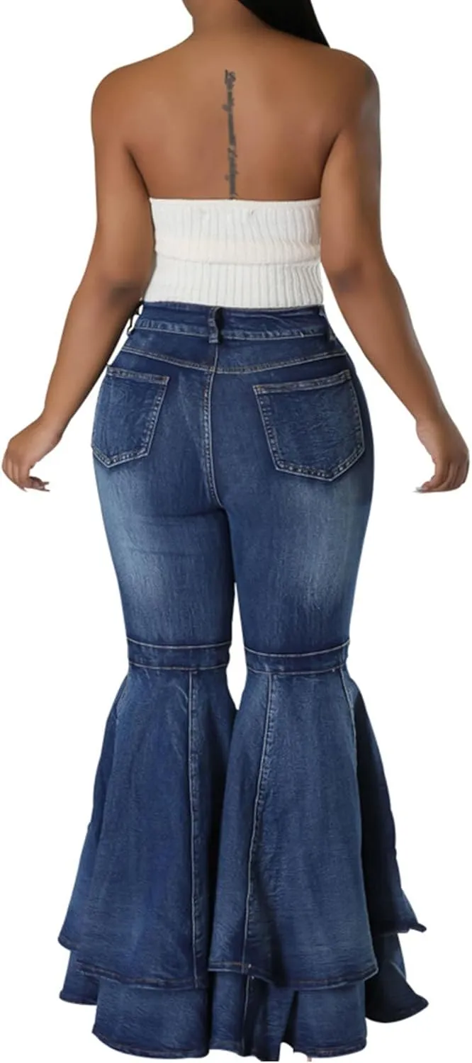 SEMATOMALA Women's Ruffle Bell Bottom Jeans Flared Leg Denim Pants High Waisted 70s Classic Retro Outfits