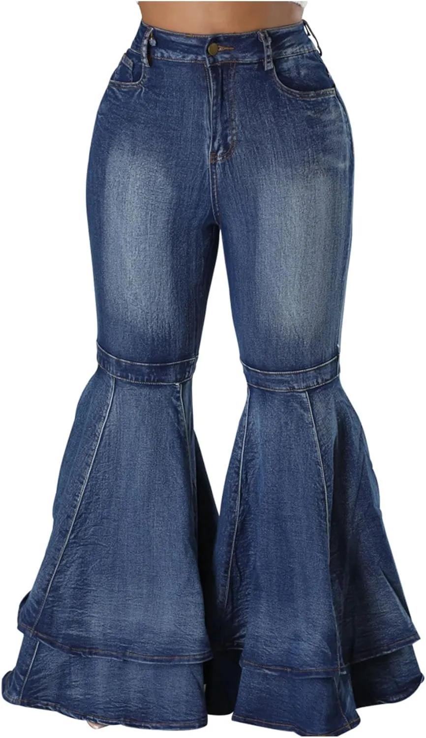 SEMATOMALA Women's Ruffle Bell Bottom Jeans Flared Leg Denim Pants High Waisted 70s Classic Retro Outfits