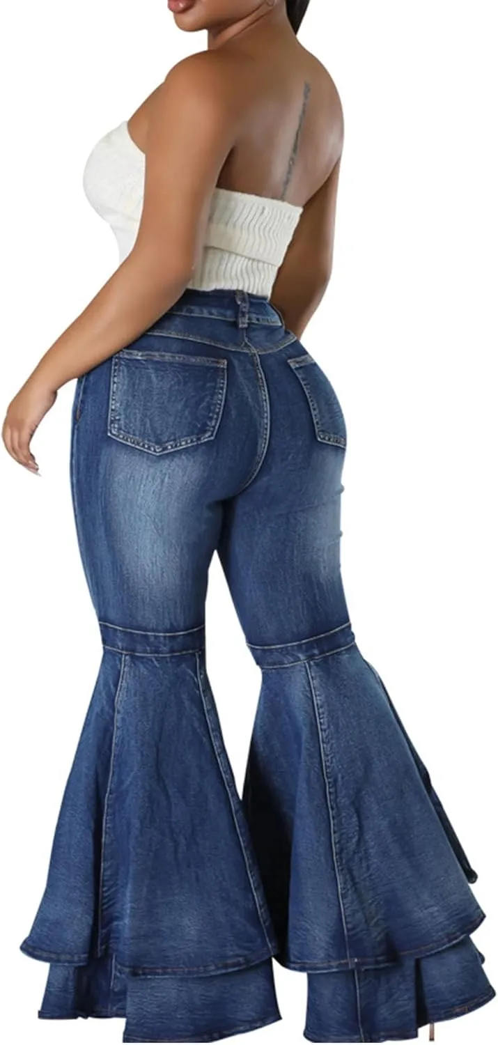 SEMATOMALA Women's Ruffle Bell Bottom Jeans Flared Leg Denim Pants High Waisted 70s Classic Retro Outfits