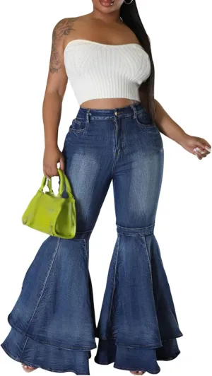 SEMATOMALA Women's Ruffle Bell Bottom Jeans Flared Leg Denim Pants High Waisted 70s Classic Retro Outfits