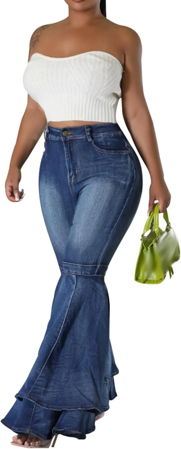SEMATOMALA Women's Ruffle Bell Bottom Jeans Flared Leg Denim Pants High Waisted 70s Classic Retro Outfits