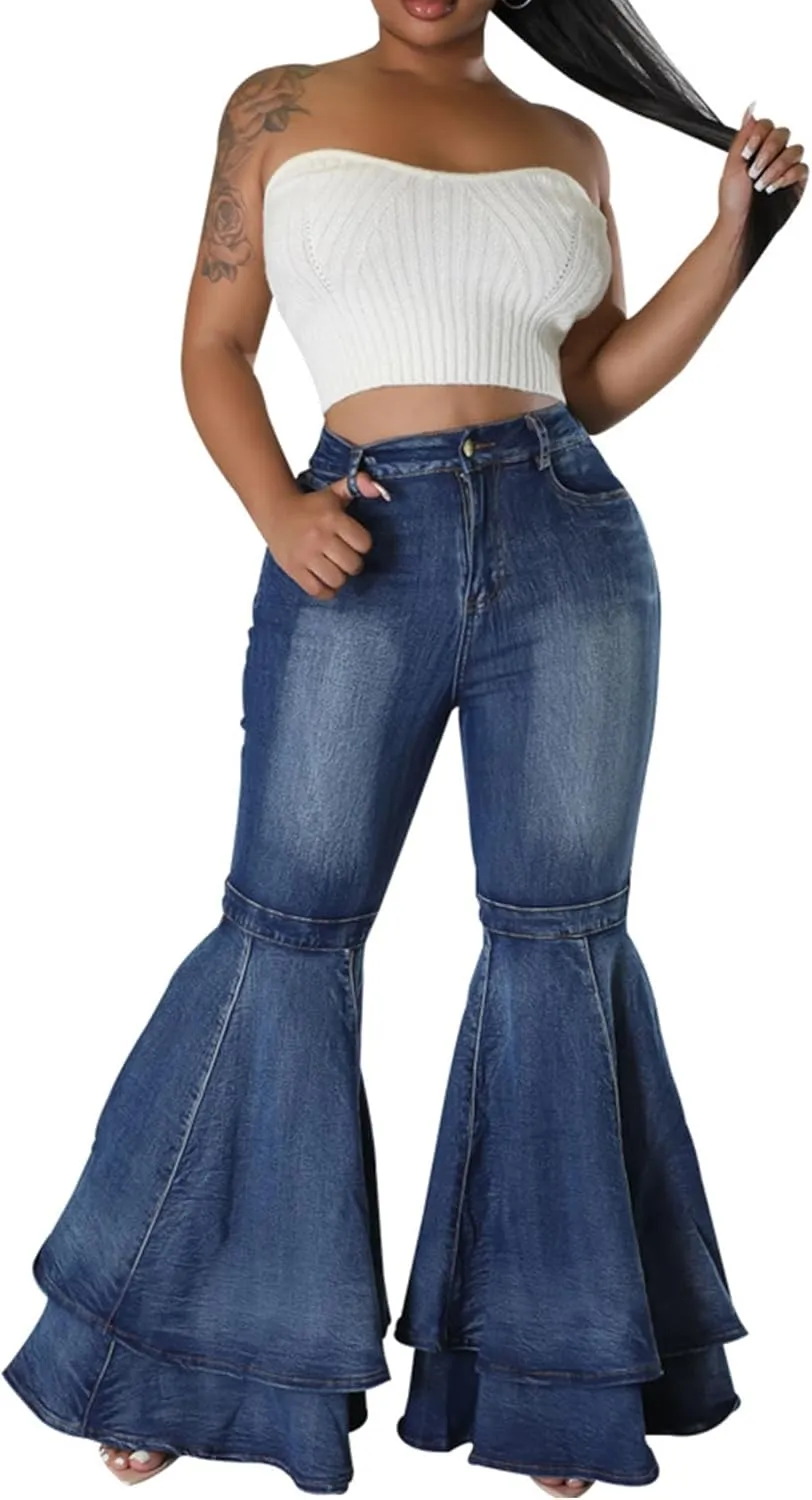 SEMATOMALA Women's Ruffle Bell Bottom Jeans Flared Leg Denim Pants High Waisted 70s Classic Retro Outfits