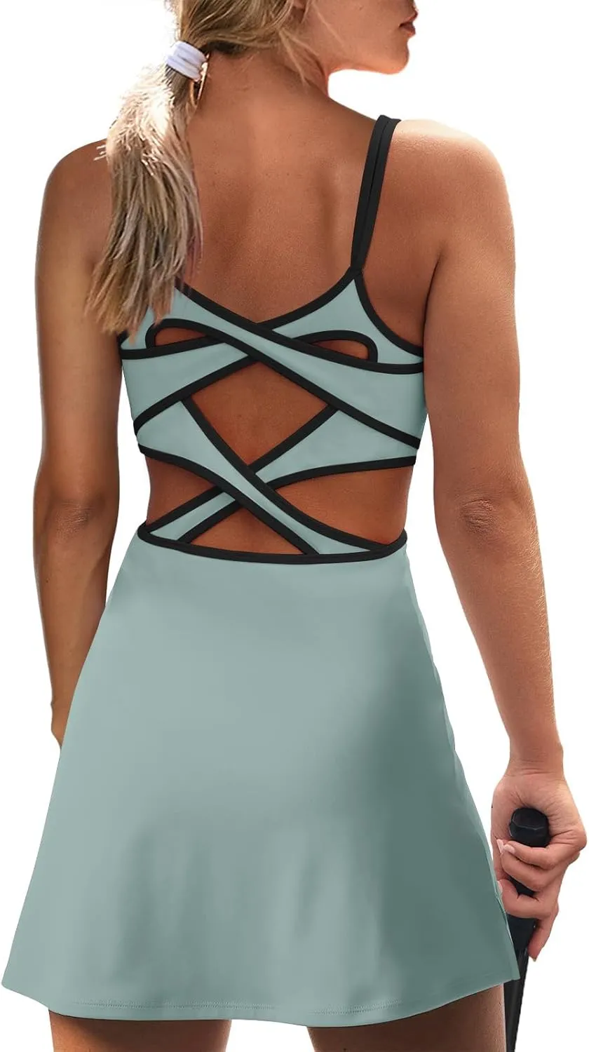 SENSERISE Women's Tennis Dress With Built-in Shorts & Bra - Athletic Golf Workout Skort With Criss Cross Back