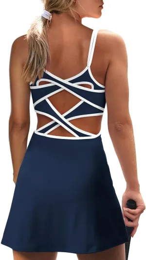 SENSERISE Women's Tennis Dress With Built-in Shorts & Bra - Athletic Golf Workout Skort With Criss Cross Back