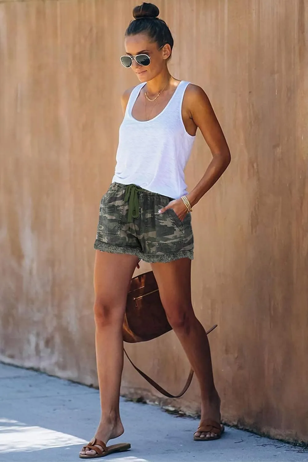 SESERAGI Women's Camo Shorts Army Fatigue Lounge Cotton Cut Off Elastic Waist Denim Raw Hem Jean Shorts