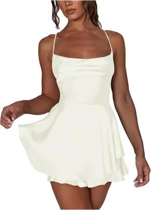 Sexy Satin Dress for Women Summer Backless Ruffle Short Dresses Cowl Neck Spaghetti Strap Tiered Layer Mini Sundress