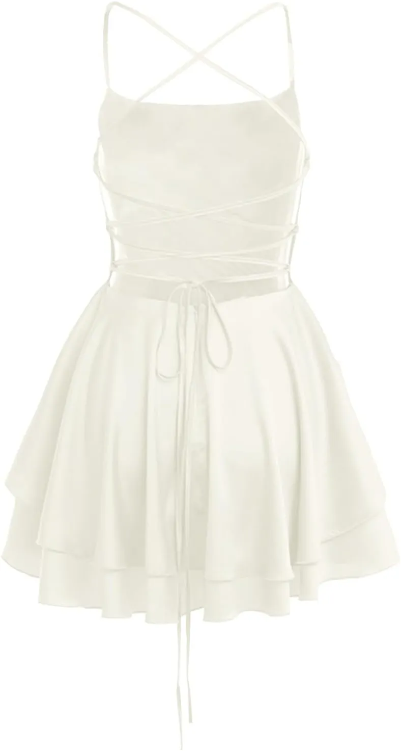 Sexy Satin Dress for Women Summer Backless Ruffle Short Dresses Cowl Neck Spaghetti Strap Tiered Layer Mini Sundress