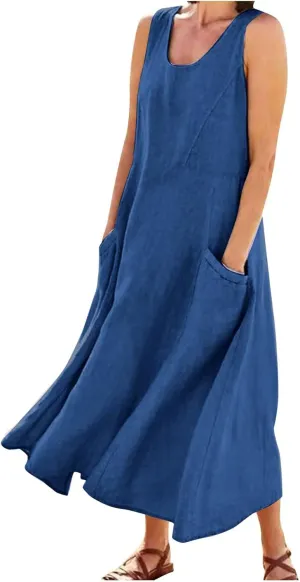 SGASY Summer Dresses for Women 2025 Sleeveless Casual Cotton Linen Sundress Plus Size Maxi Tank Beach Dress with Pocket