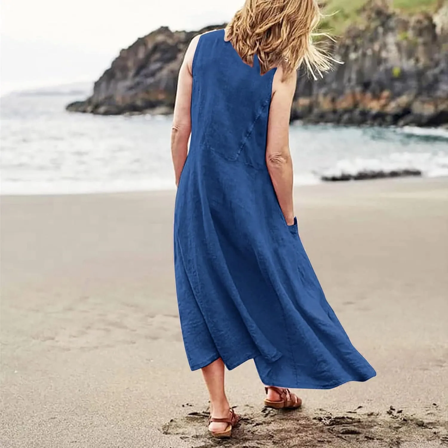 SGASY Summer Dresses for Women 2025 Sleeveless Casual Cotton Linen Sundress Plus Size Maxi Tank Beach Dress with Pocket