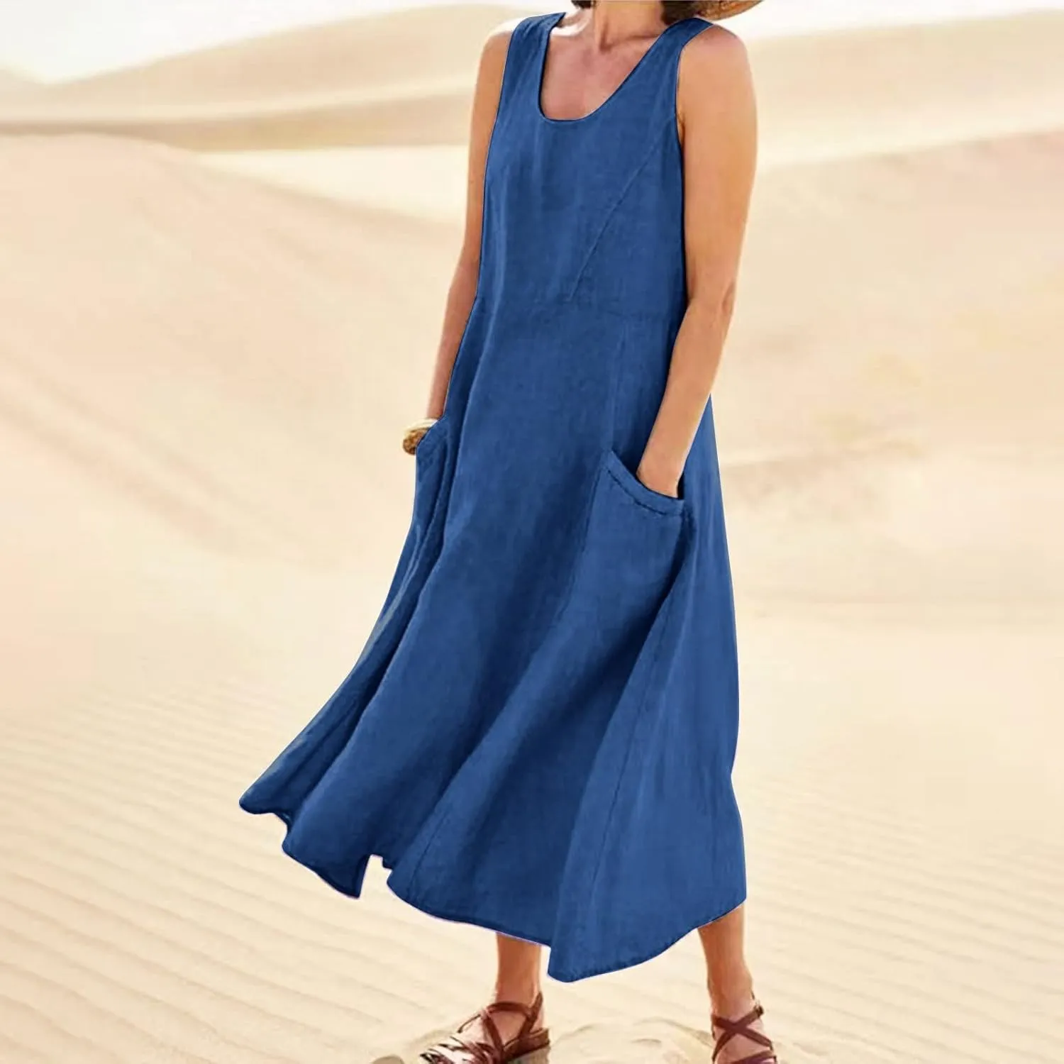 SGASY Summer Dresses for Women 2025 Sleeveless Casual Cotton Linen Sundress Plus Size Maxi Tank Beach Dress with Pocket
