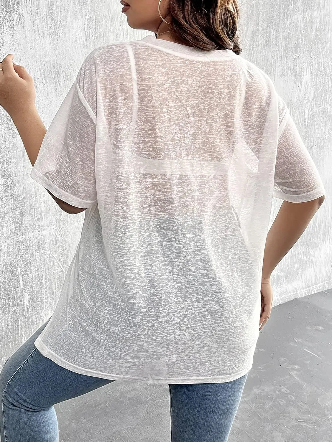 SHENHE Women's Plus Size Sheer Mesh V Neck Half Sleeve Drop Shoulder Split Hem Tee Top