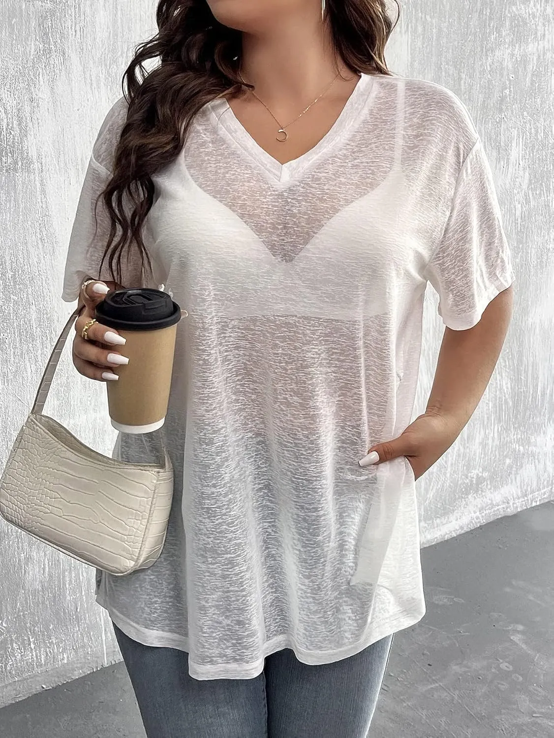 SHENHE Women's Plus Size Sheer Mesh V Neck Half Sleeve Drop Shoulder Split Hem Tee Top