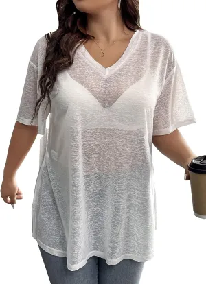 SHENHE Women's Plus Size Sheer Mesh V Neck Half Sleeve Drop Shoulder Split Hem Tee Top
