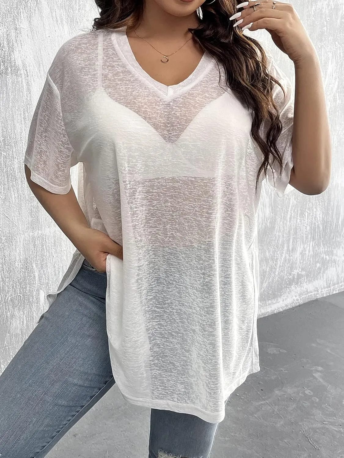 SHENHE Women's Plus Size Sheer Mesh V Neck Half Sleeve Drop Shoulder Split Hem Tee Top