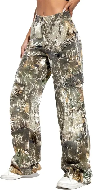 SHINFY Women Camo Cargo Pants Y2K Camouflage Wide Leg Baggy Army Cargo Joggers Sweatpants with Flap Pockets