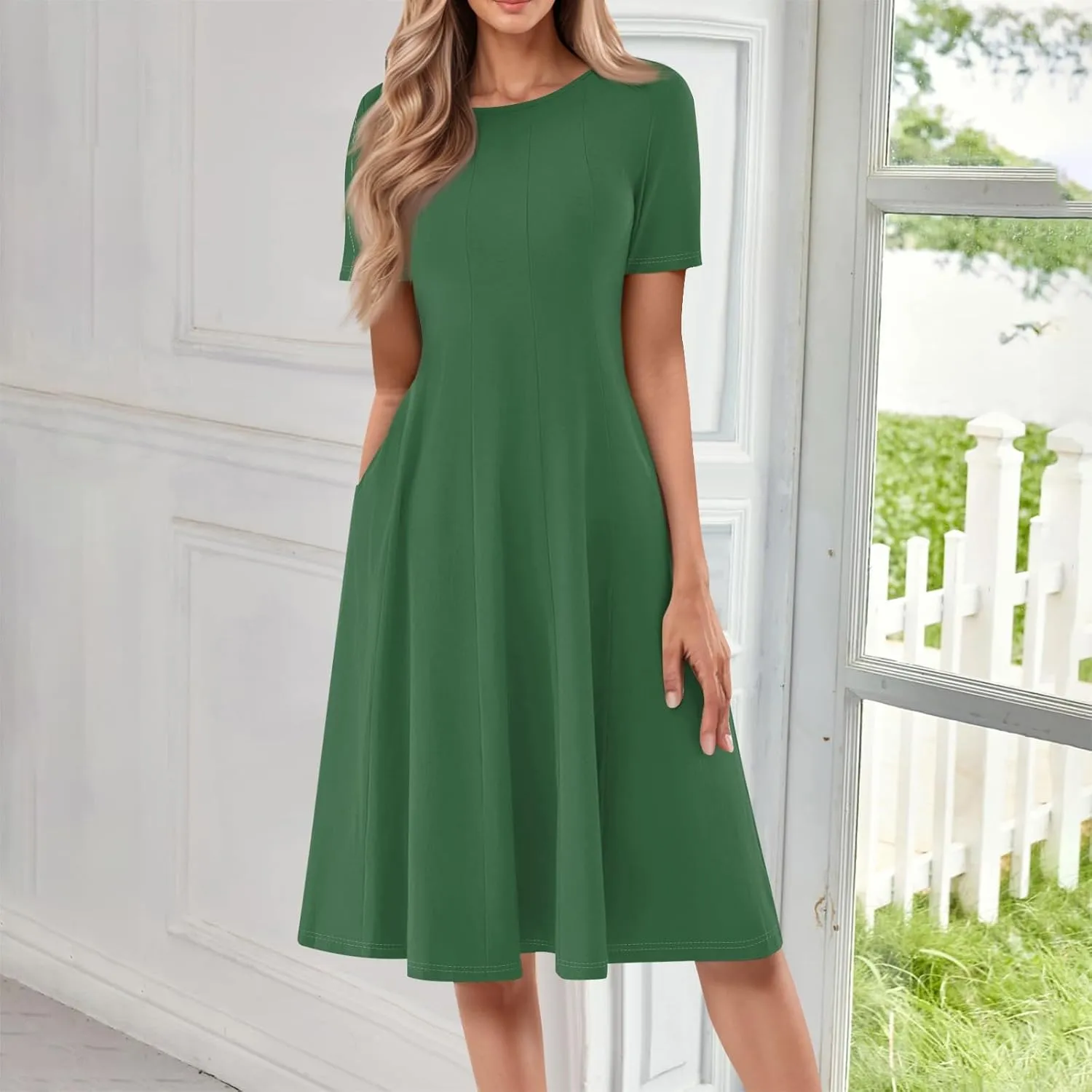 Shirt Dresses for Women Midi Ruched Summer Short Sleeve Crewneck Dress Cocktail A Line Dresses with Side Pocket Dress