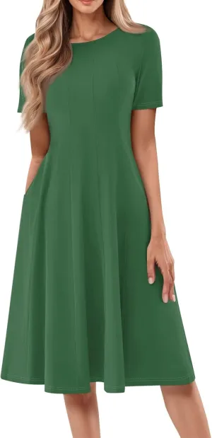 Shirt Dresses for Women Midi Ruched Summer Short Sleeve Crewneck Dress Cocktail A Line Dresses with Side Pocket Dress