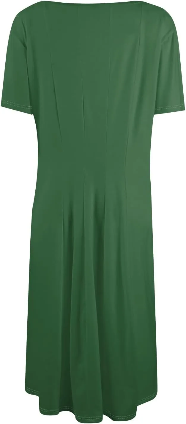 Shirt Dresses for Women Midi Ruched Summer Short Sleeve Crewneck Dress Cocktail A Line Dresses with Side Pocket Dress