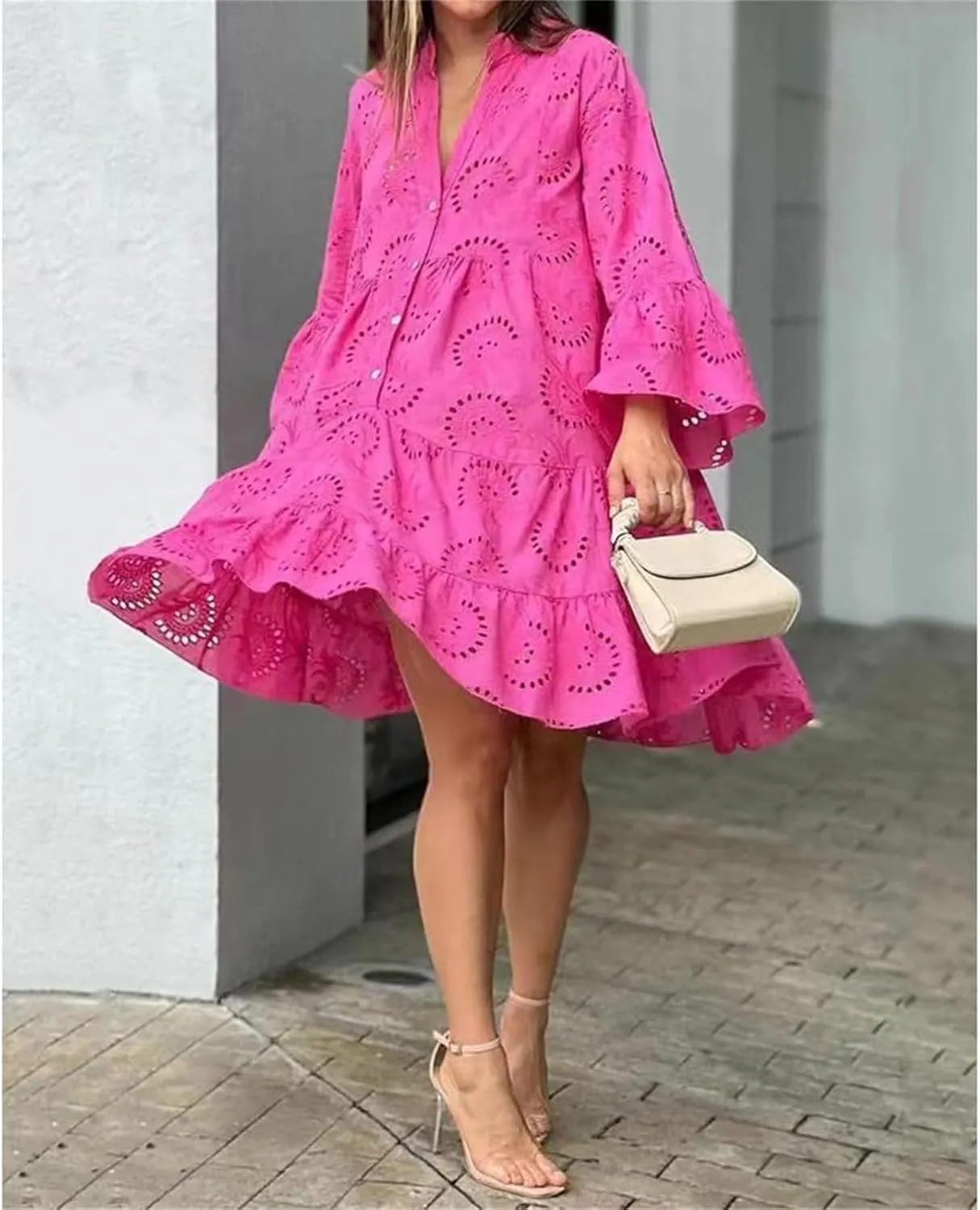 Short Dresses for Women Casual Summer Mini Dress Crochet Plus Size Button Down V Neck Dress T Shirt Beach Sundress