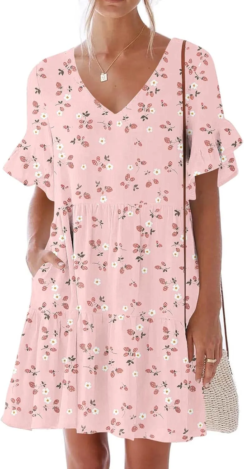 Short Summer Dresses for Women Ruffle Dress with Pockets Knee Length Mini Dress Casual Vacation Cute Print Sundreses