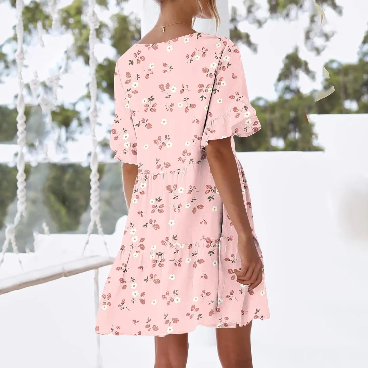 Short Summer Dresses for Women Ruffle Dress with Pockets Knee Length Mini Dress Casual Vacation Cute Print Sundreses