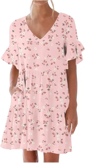 Short Summer Dresses for Women Ruffle Dress with Pockets Knee Length Mini Dress Casual Vacation Cute Print Sundreses