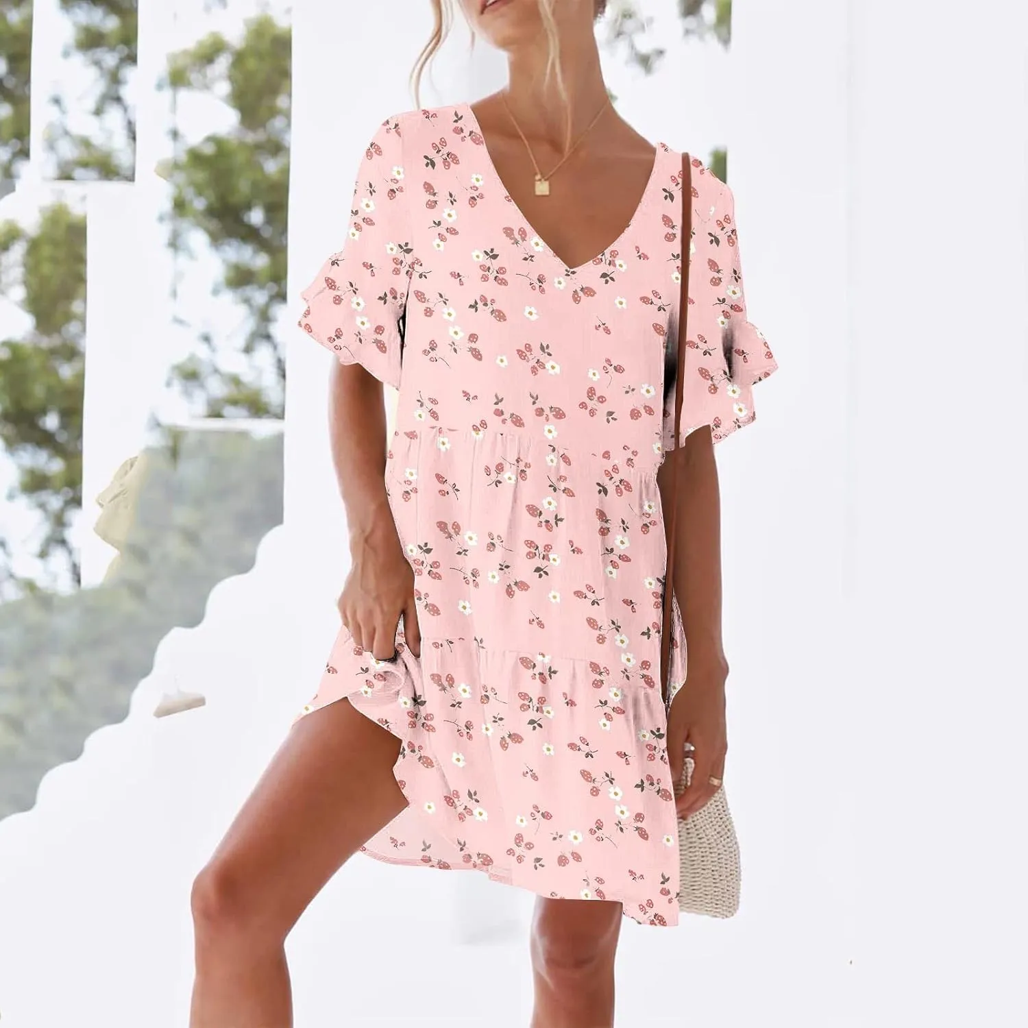 Short Summer Dresses for Women Ruffle Dress with Pockets Knee Length Mini Dress Casual Vacation Cute Print Sundreses