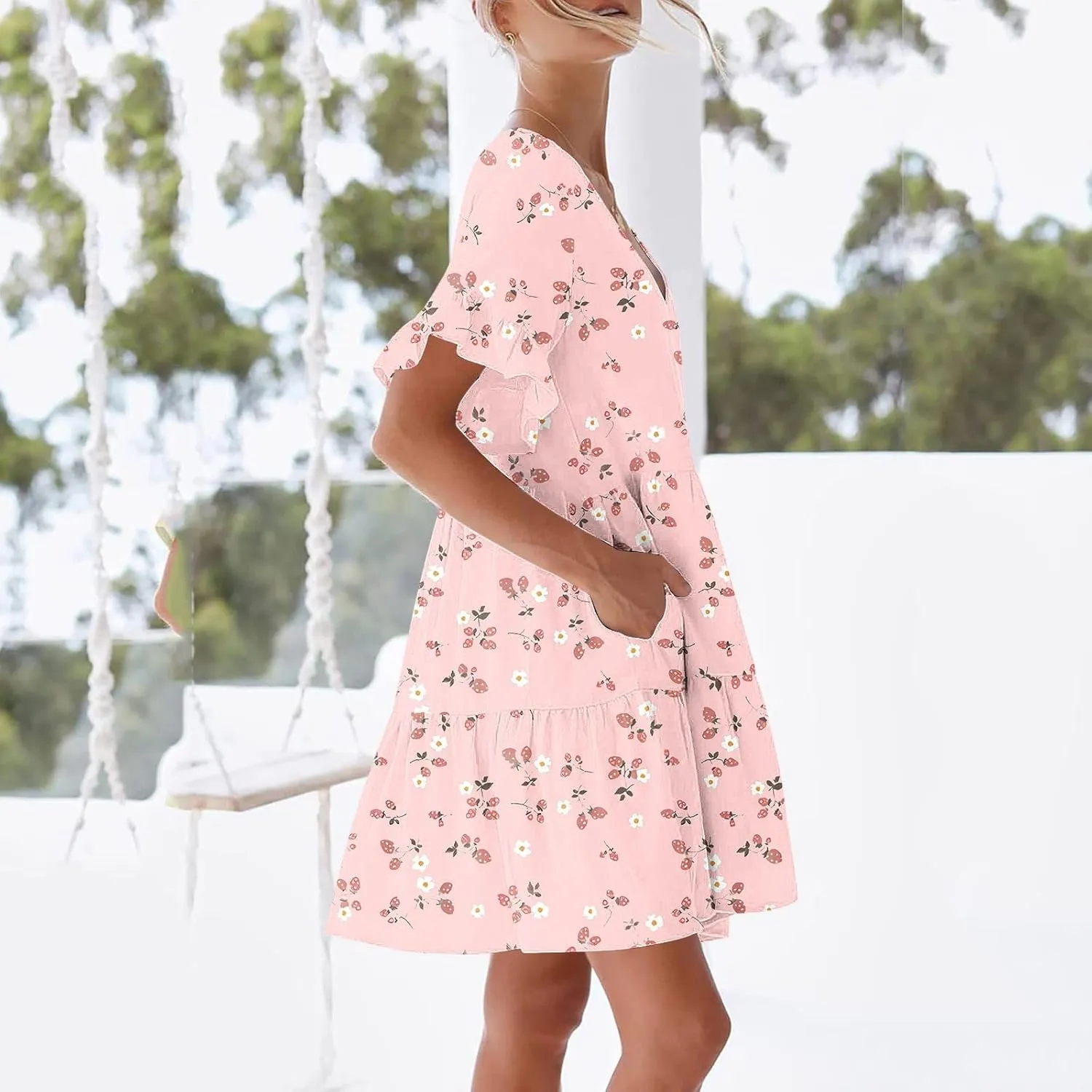 Short Summer Dresses for Women Ruffle Dress with Pockets Knee Length Mini Dress Casual Vacation Cute Print Sundreses