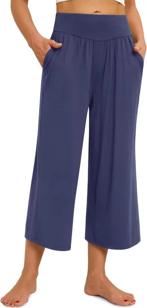 siliteelon Wide Leg Capri Pants for Women Lounge Pajama Pants Women Casual Loose Comfy Flowy Palazzo Pants with Pockets