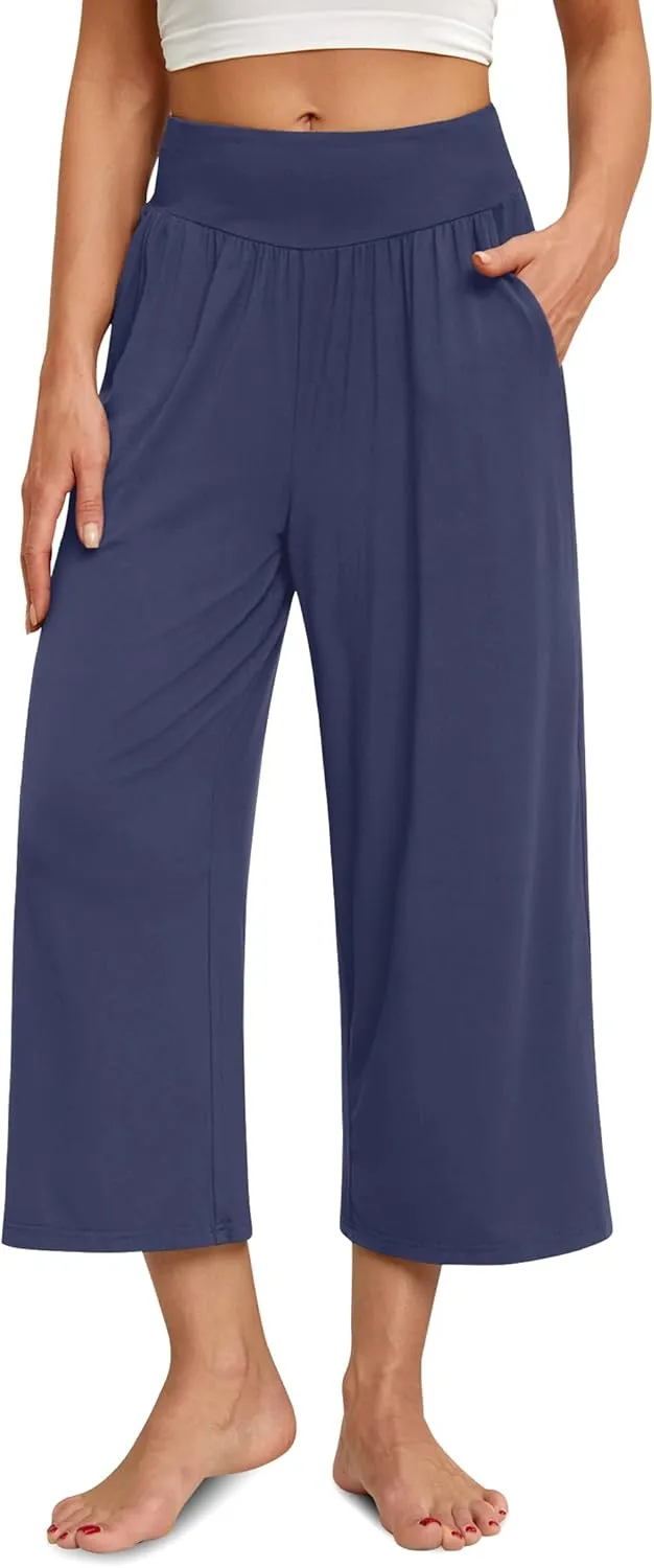 siliteelon Wide Leg Capri Pants for Women Lounge Pajama Pants Women Casual Loose Comfy Flowy Palazzo Pants with Pockets