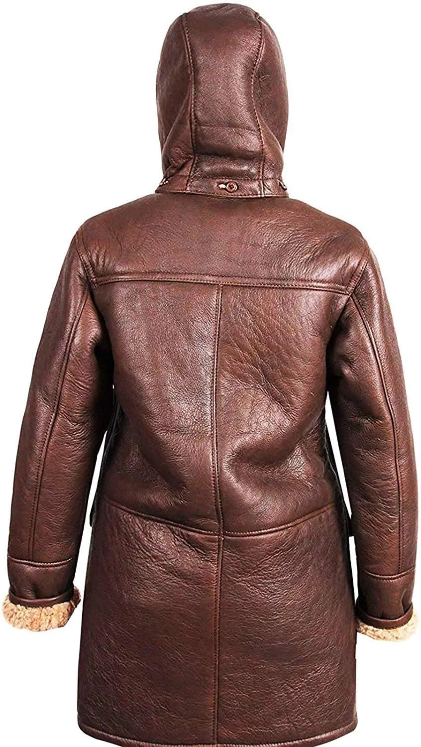 SKY-SELLER B3 Bomber Leather Aviator Jacket Women - Womens Sheepskin Leather Duffle Coat - Mid Length Winter Coats for Women