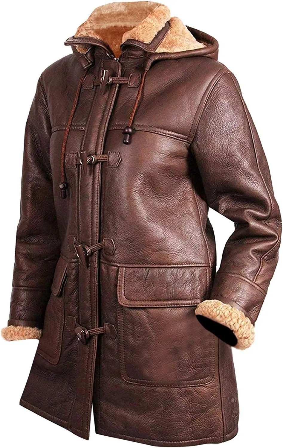 SKY-SELLER B3 Bomber Leather Aviator Jacket Women - Womens Sheepskin Leather Duffle Coat - Mid Length Winter Coats for Women