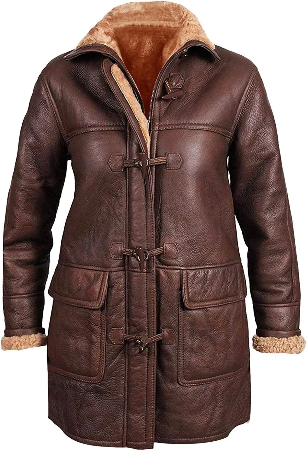 SKY-SELLER B3 Bomber Leather Aviator Jacket Women - Womens Sheepskin Leather Duffle Coat - Mid Length Winter Coats for Women