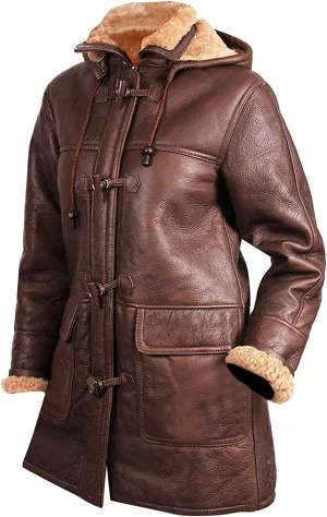 SKY-SELLER B3 Bomber Leather Aviator Jacket Women - Womens Sheepskin Leather Duffle Coat - Mid Length Winter Coats for Women