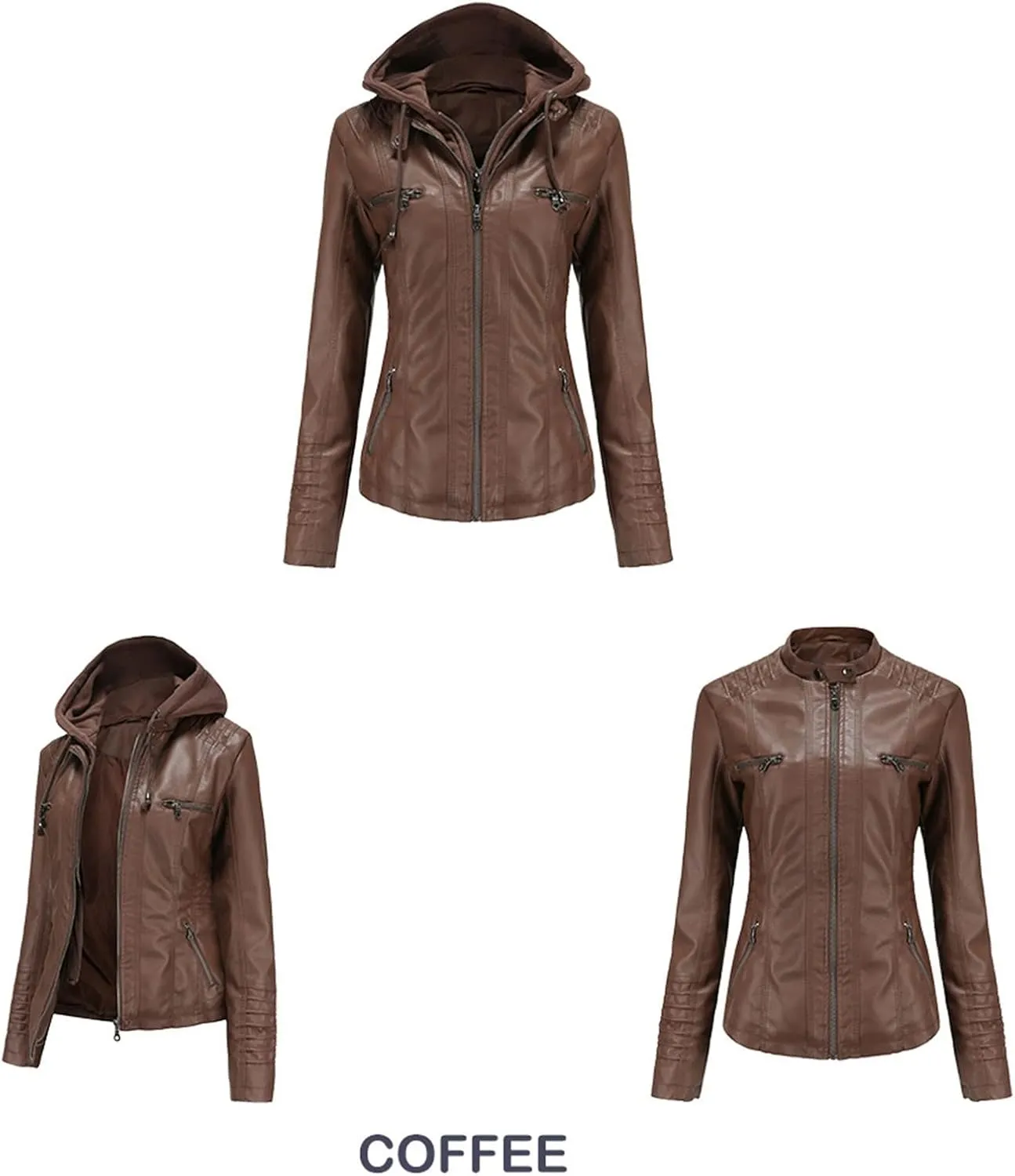 Slim Fit Leather Jacket Women, Faux Leather Shacket Jacket Women with Removable Hooded (Standard and Plus Sizes)(Coffee,Large)