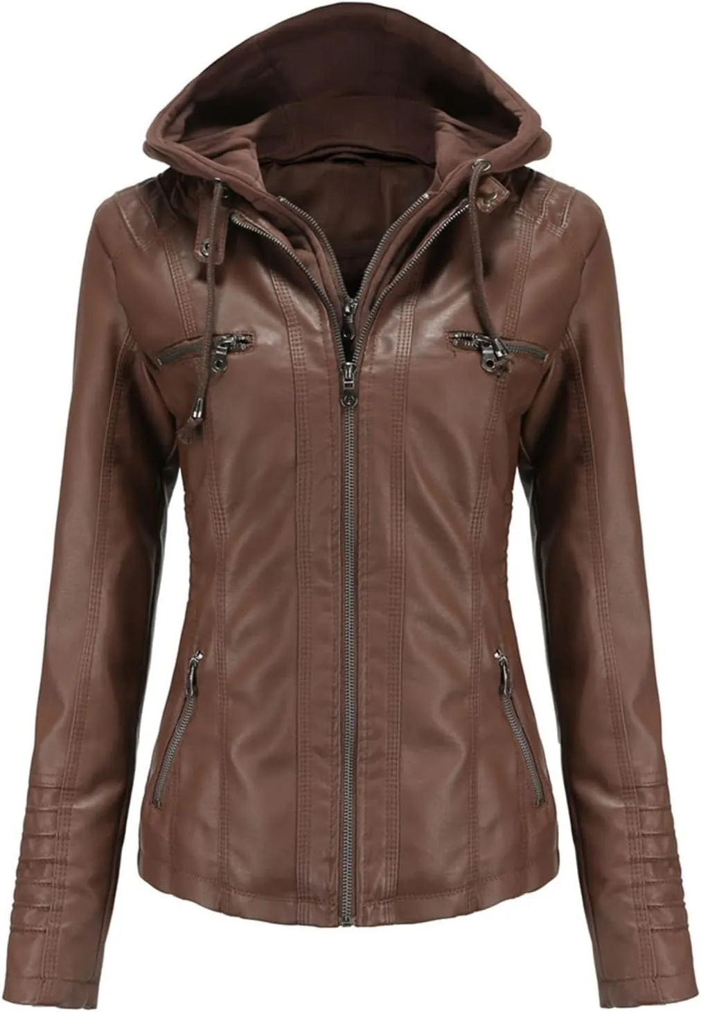 Slim Fit Leather Jacket Women, Faux Leather Shacket Jacket Women with Removable Hooded (Standard and Plus Sizes)(Coffee,Large)