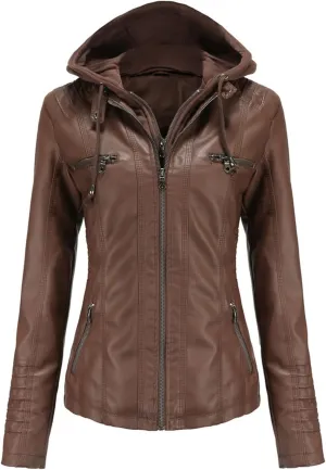 Slim Fit Leather Jacket Women, Faux Leather Shacket Jacket Women with Removable Hooded (Standard and Plus Sizes)(Coffee,Large)